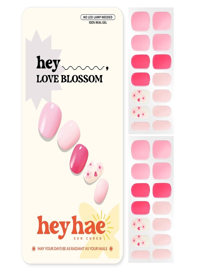 Heyhae Semi Cured Gel Nail Strips | No LED Lamp Needed |Pink, Valentines | Easy Apply & Remove, Salon Quality | Includes 28 Strips, 1 Prep Pads, Nail File & Wooden stick - Hey, Love Blossom - Image 1